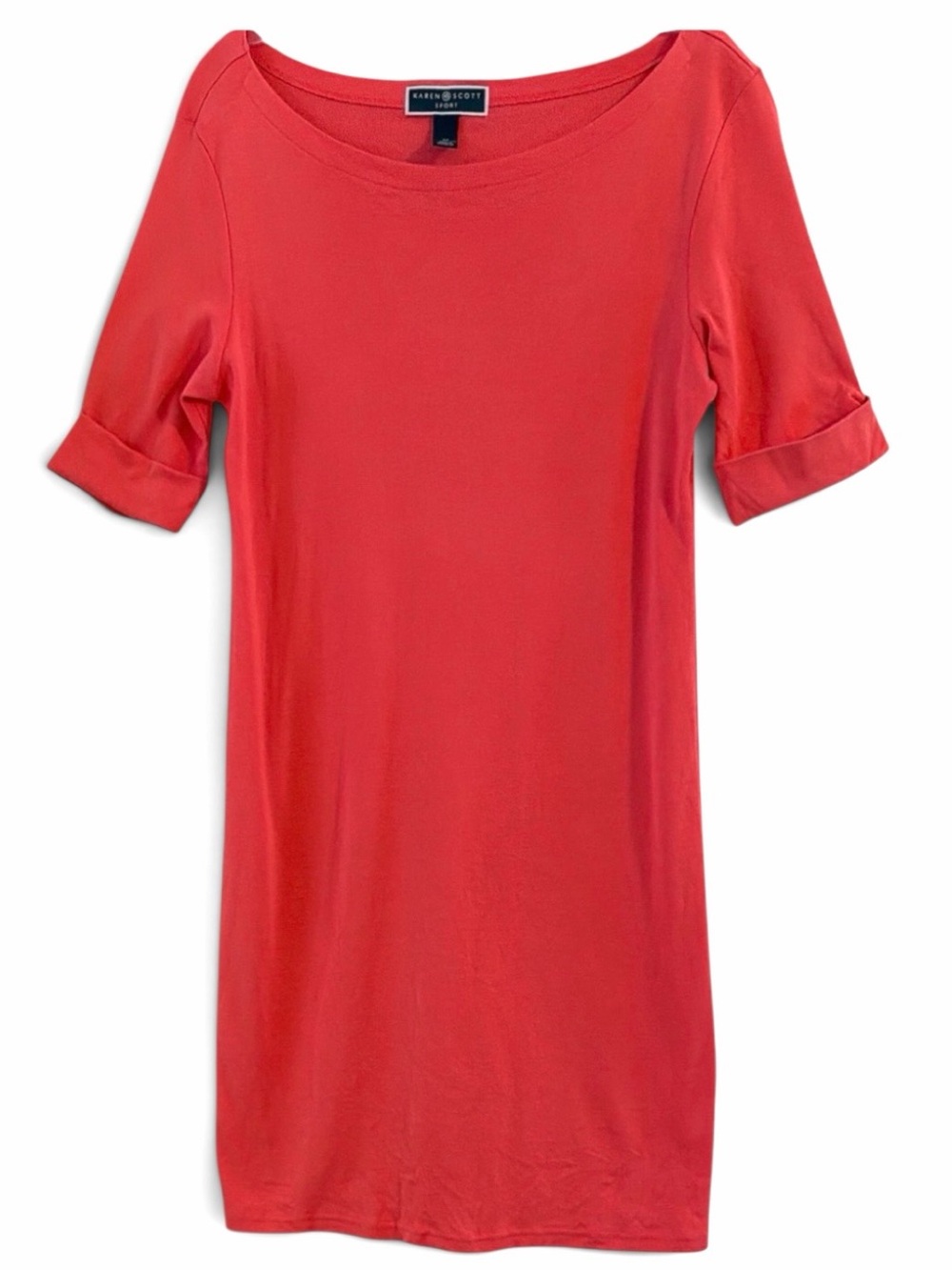 Karen Scott Sport Coral Pink 100% Cotton Boatneck Midi Dress Medium